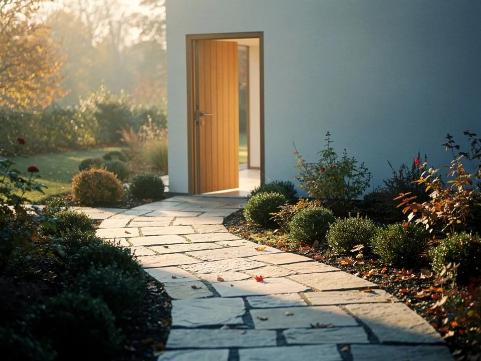 Stone path through a calm garden leading to an open wooden door