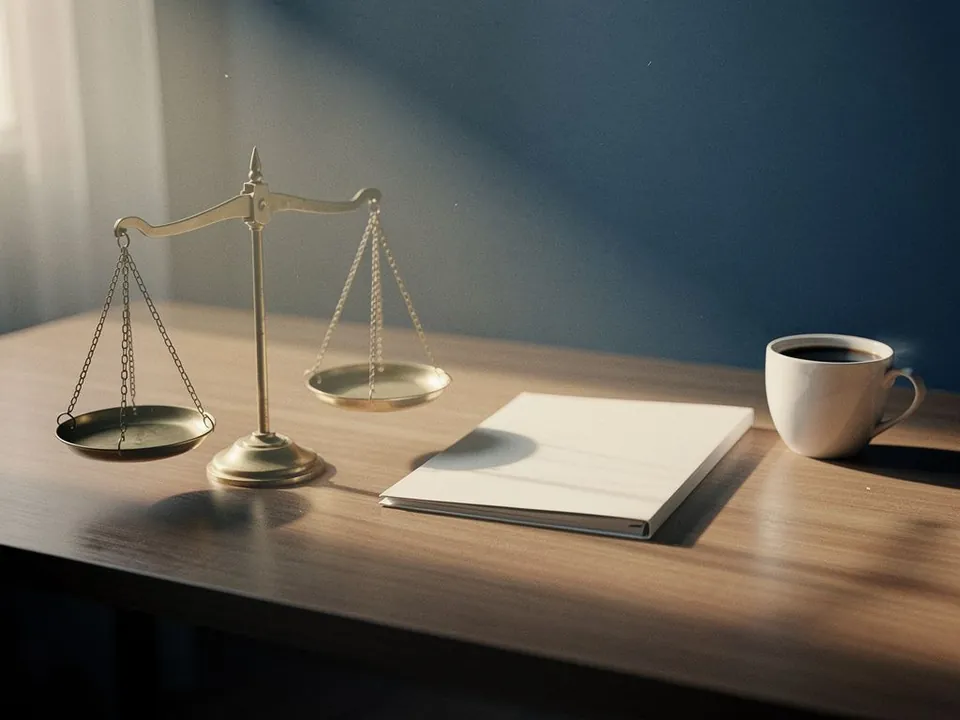 Brass balance scale on a wooden desk beside a folder and a cup of coffee