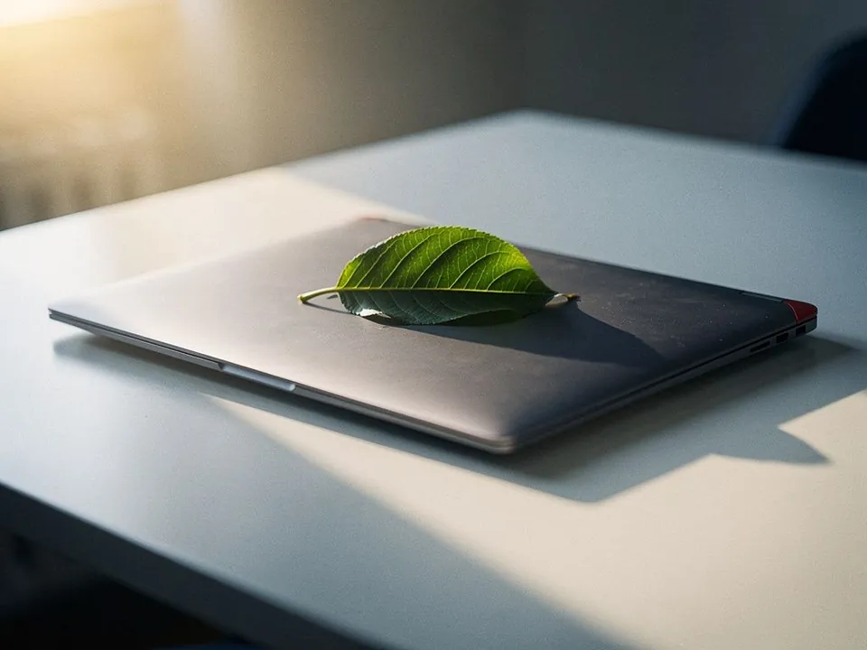 A green leaf resting on a closed laptop on a white desk
