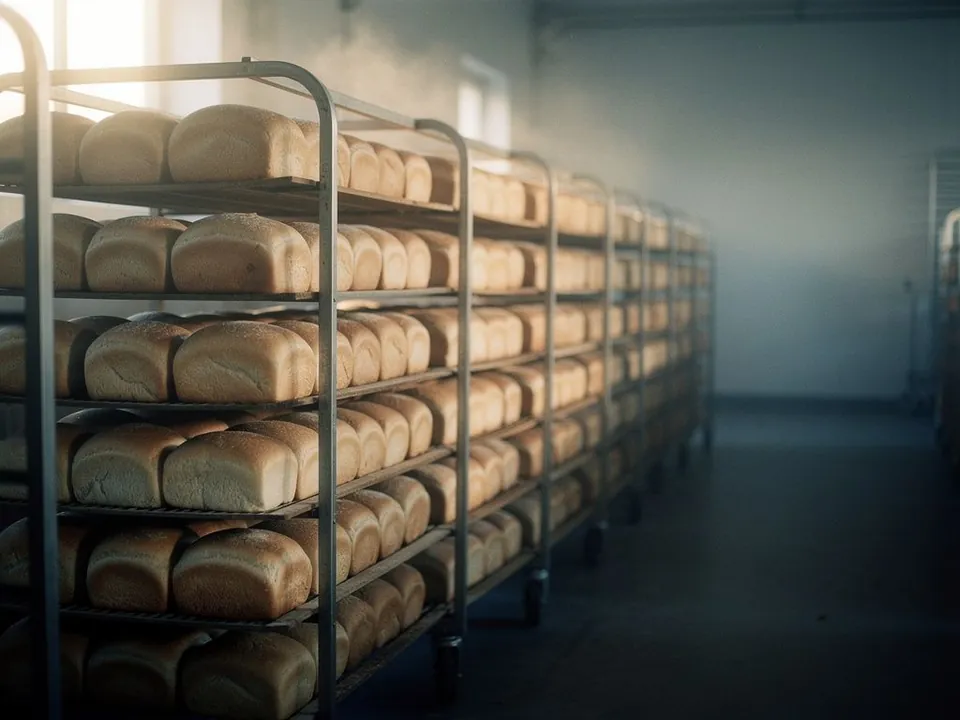Bakery line with rows of fresh bread loaves cooling on racks