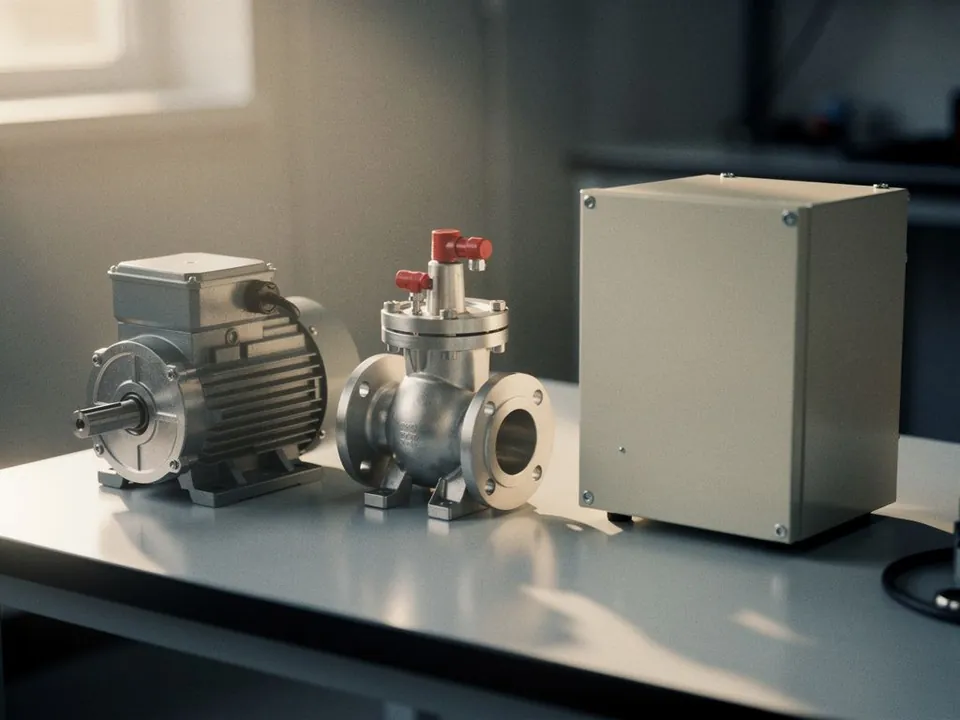 A small motor, a valve and a control box arranged on a clean test bench