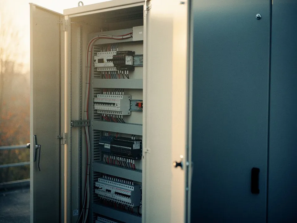 Electrical switchgear cabinet with its doors open and tidy wiring