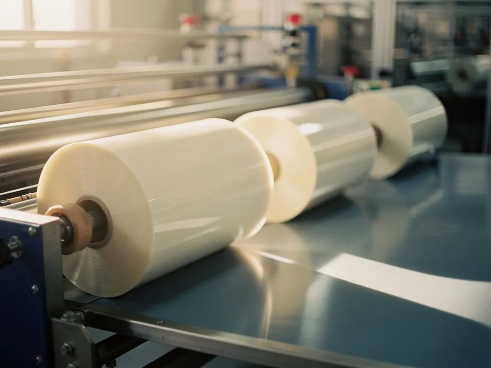 Rolls of plain food packaging film on a clean production line