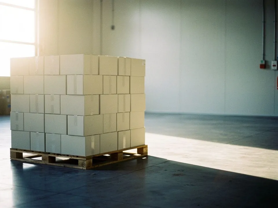 Cartons of plain packaged goods on a pallet in a clean export warehouse