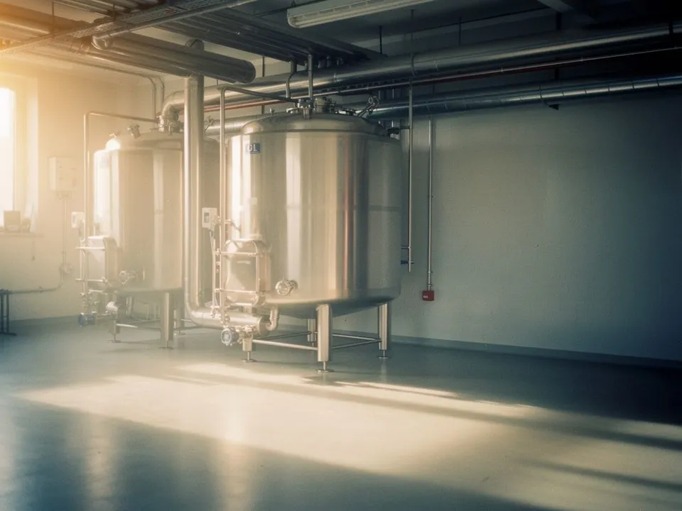 Dairy processing room with stainless steel tanks and polished pipework