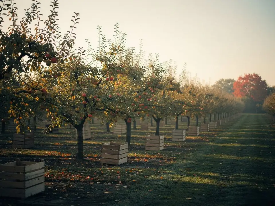 Rows of fruit trees in an orchard at sunrise with wooden harvest crates