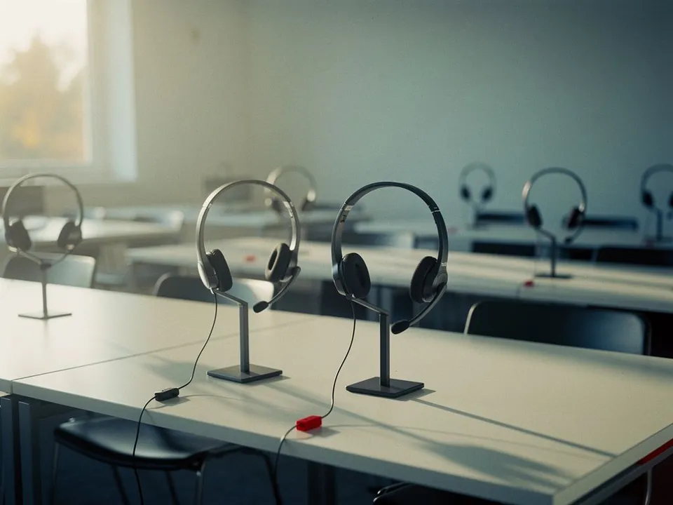 Empty contact centre desks with headsets resting on stands