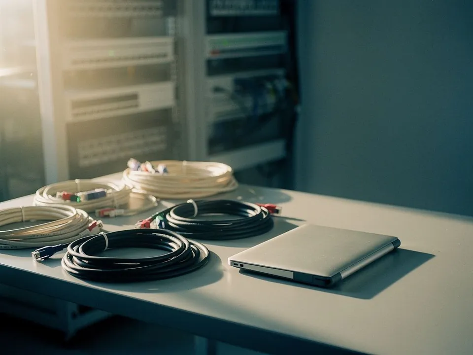 Neatly coiled network cables and a closed notebook on a desk in an IT room