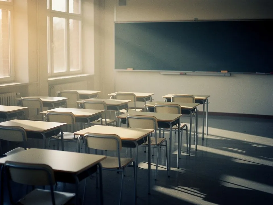 Empty classroom with tidy desks and a blank chalkboard in morning light