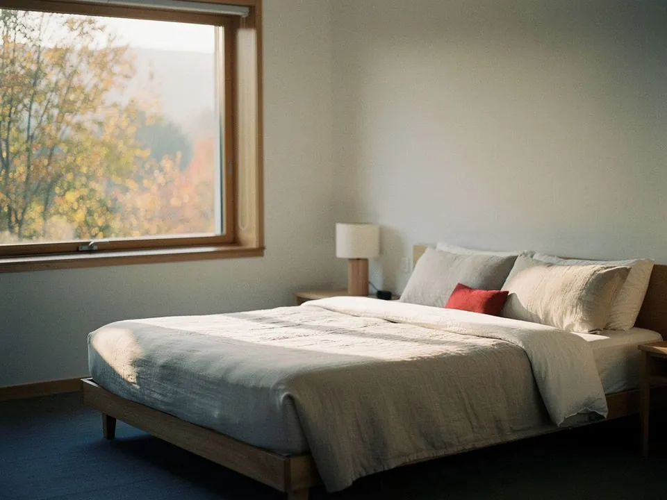 Calm hotel room with natural wood, linen bedding and a window onto trees