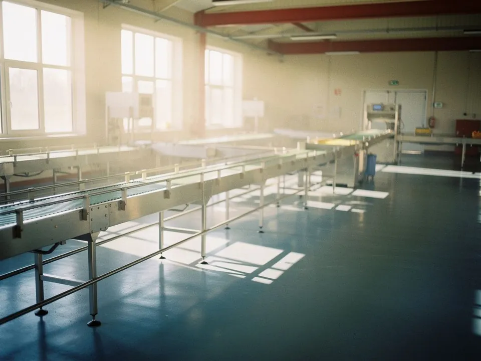 Spotless food production hall with empty stainless steel conveyors