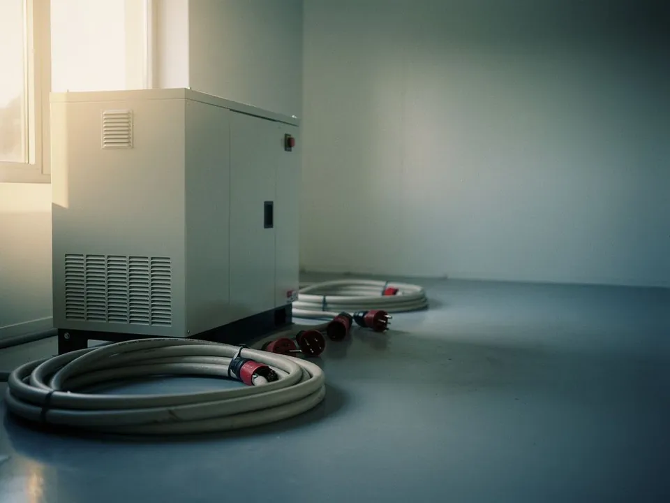 Backup generator in a clean plant room beside coiled cables