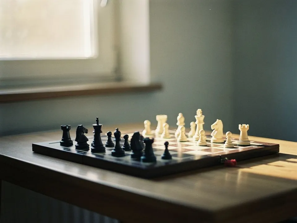 Chess board mid-game on a wooden table by a window in soft light