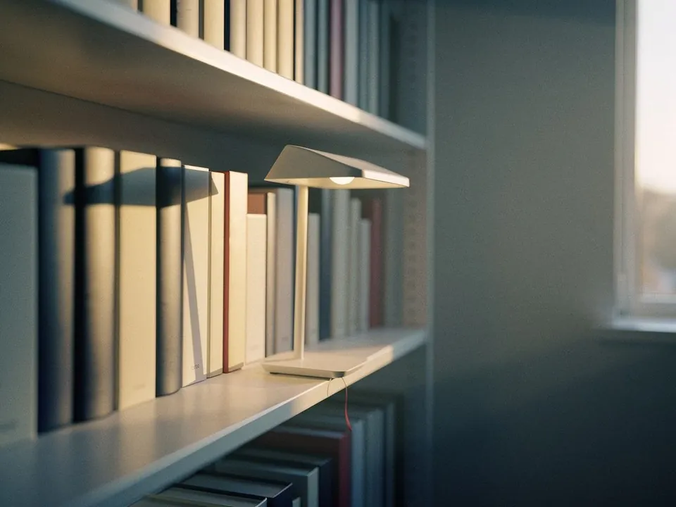 Bookshelf of plain bound volumes beside a reading lamp in a quiet office