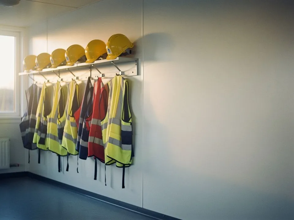 Yellow safety helmets and high-visibility vests hanging in a site cabin