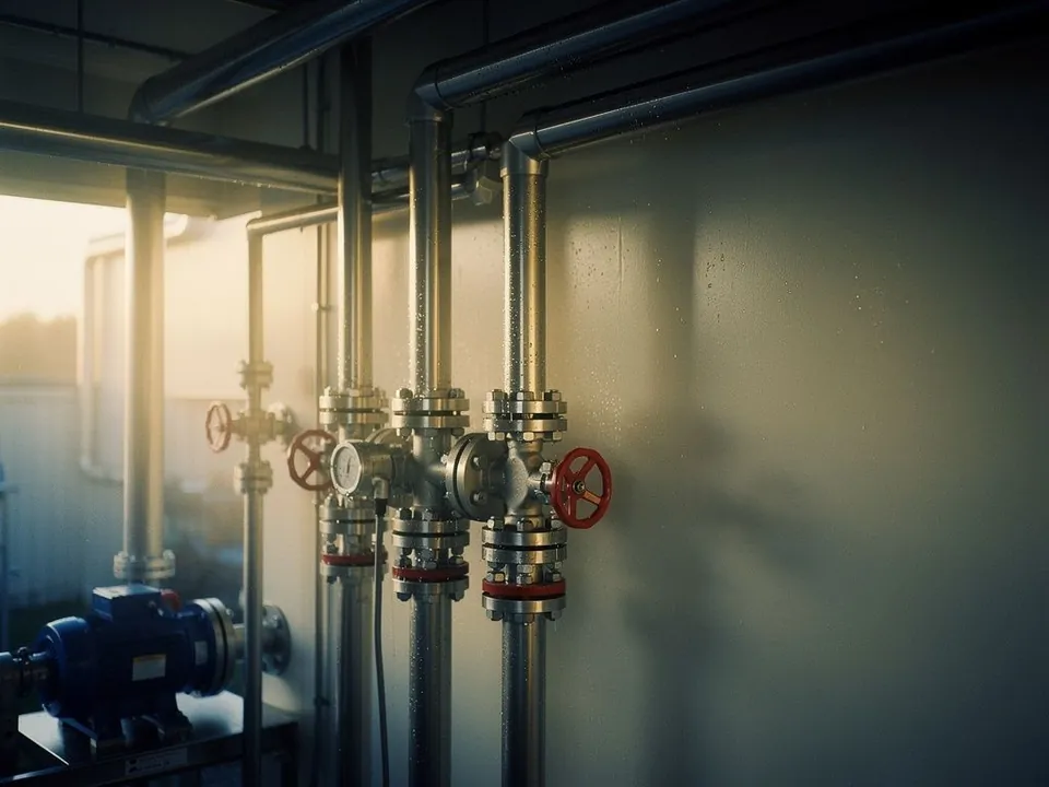 Water pipes and valves in a clean pump room with droplets on steel