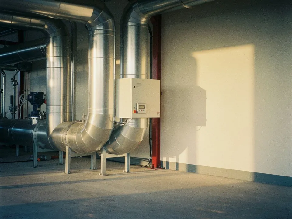 Large insulated pipes and an energy meter cabinet in a plant room