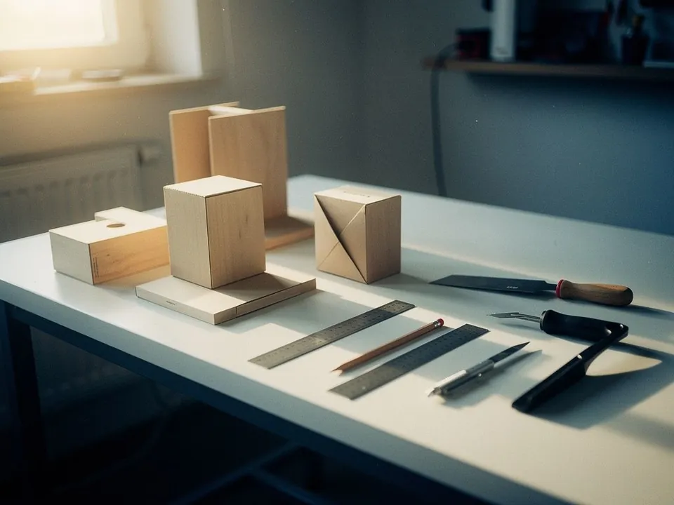 Workshop table with wooden and cardboard prototypes and tools nearby