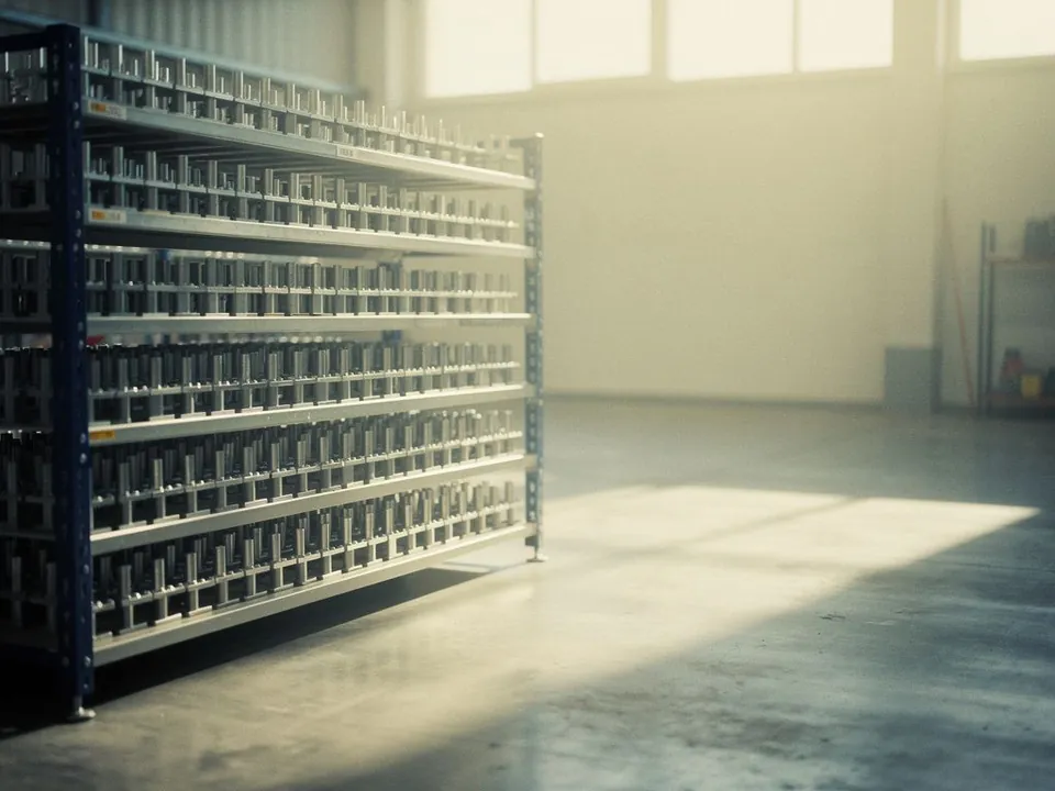 Orderly production floor with finished metal parts on steel racks