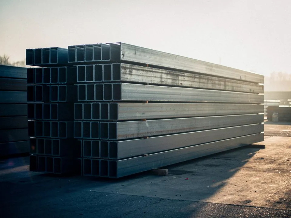 Stacked plain steel beams in a yard ready for inspection in morning light