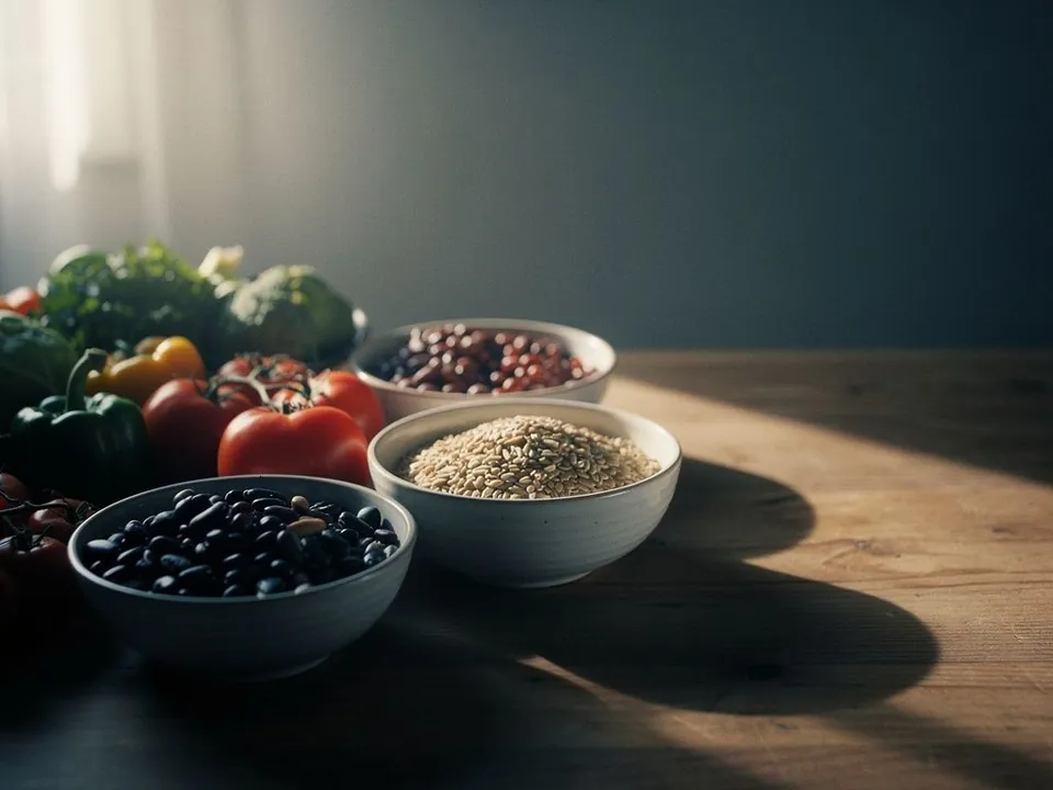 Fresh vegetables, grains and legumes in plain bowls on a wooden table